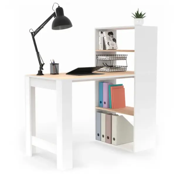 Bureau Bibliothèque Ben Avec Étagères Blanc Et Façon Hêtre