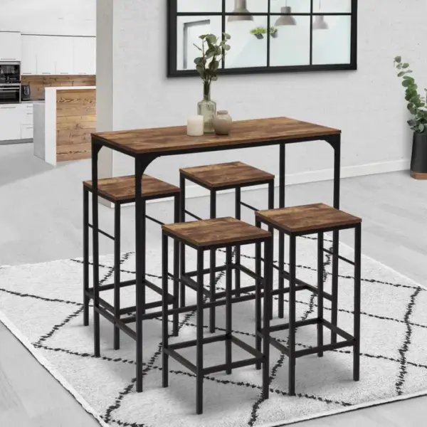 Table Haute De Bar Dayton 100 Cm Et 4 Tabourets Bois Foncé Effet Vieilli Et Noir Design Industriel