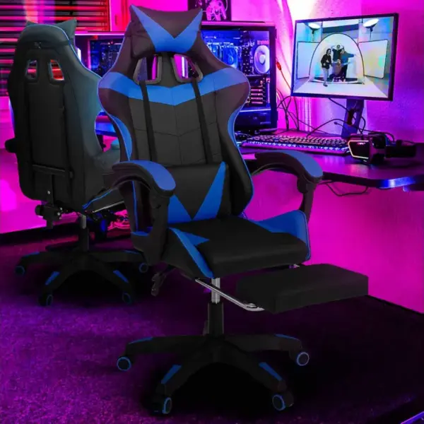 Fauteuil De Gaming Alex Réglable Avec Repose-pied, Coussin De Tête Et Coussin Lombaire Noir Et Bleu