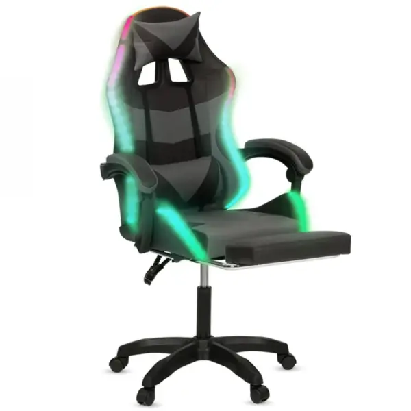 Fauteuil De Gaming LED Luc Avec Repose-pied, Coussin De Tête Et Support Lombaire Noir Et Gris