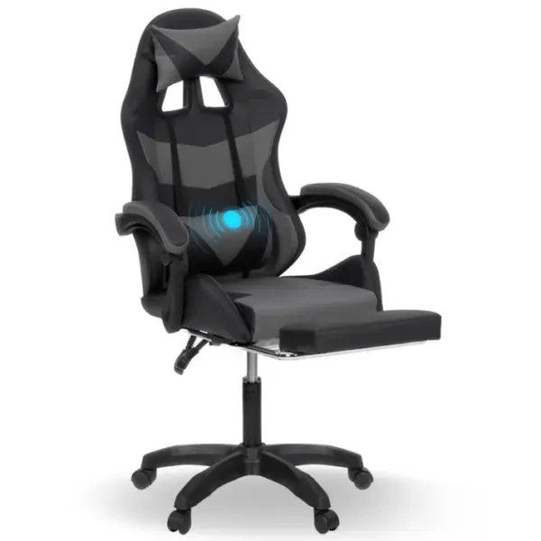 Fauteuil De Gaming Chuck Avec Repose-pied, Coussin De Tête Et Support Lombaire Massage Noir Et Gris