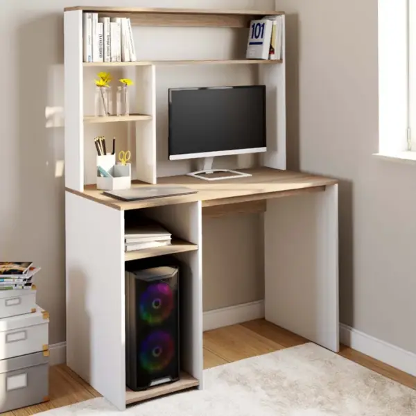 Bureau Avec Étagères De Rangement Dan Blanc Et Façon Hêtre