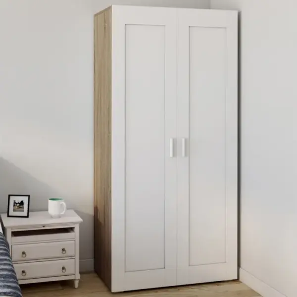 Armoire 2 Portes Vito Blanc Et Bois Penderie 80 Cm Avec Étagères Rangement Maxi Capacité