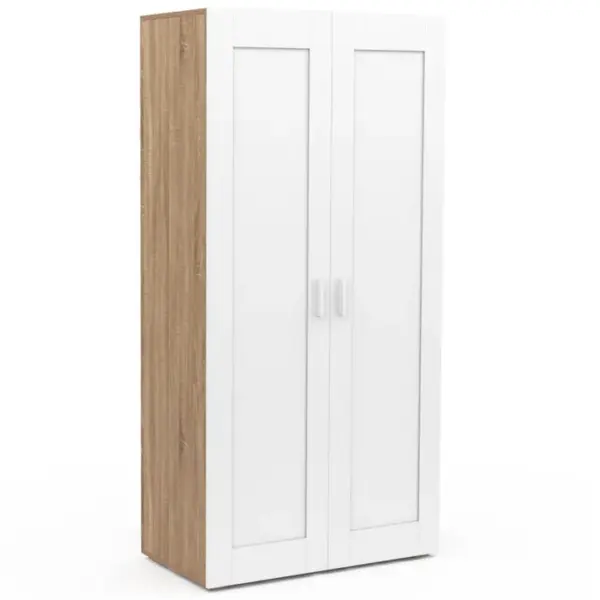 Armoire 2 Portes Vito Blanc Et Bois Penderie 80 Cm Avec Étagères Rangement Maxi Capacité