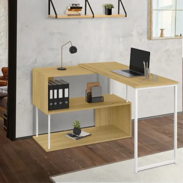 Bureau Dangle Rotatif 180° Detroit Étagère Forme S Design Industriel Bois Et Métal Blanc