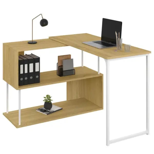 Bureau Dangle Rotatif 180° Detroit Étagère Forme S Design Industriel Bois Et Métal Blanc