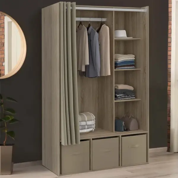 Dressing Penderie 105 X 50 X 172 Cm Diane Hêtre Avec Étagères + Boites De Rangement + Rideau Taupe