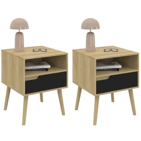 Lot De 2 Tables De Chevet Helsinki Scandinaves 1 Tiroir Avec Niche Effet Hêtre Et Noir