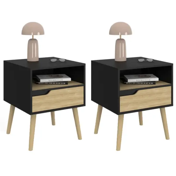 Lot De 2 Tables De Chevet Helsinki Scandinaves 1 Tiroir Avec Niche Noir Et Effet Hêtre