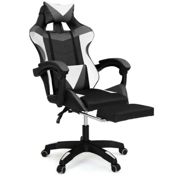 Fauteuil De Gaming Alex Réglable Repose-pied, Coussin De Tête Et Lombaire Noir Blanc Et Gris