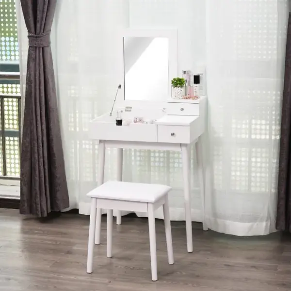 Coiffeuse Avec Tabouret Miroir Rabattable Coffre + 2 Tiroirs Blanc