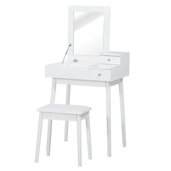 Coiffeuse Avec Tabouret Miroir Rabattable Coffre + 2 Tiroirs Blanc