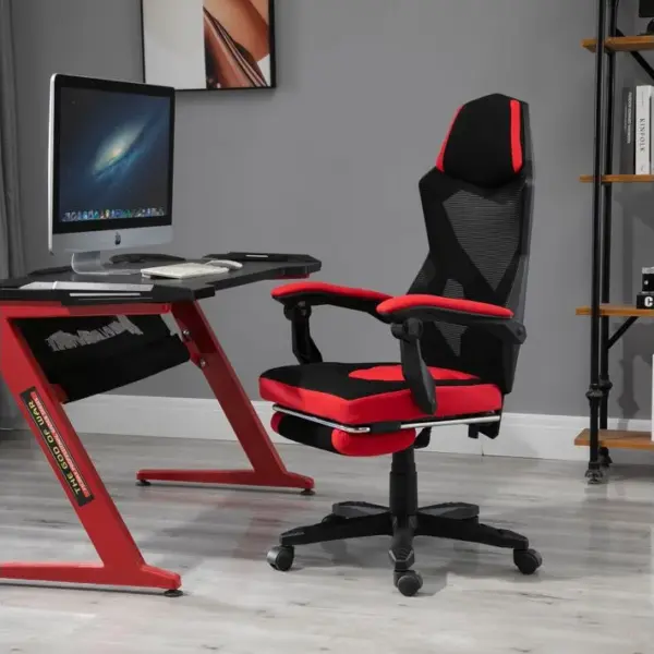 Fauteuil Gaming Inclinable, Pivotant Repose-pied Intégré Tissu Maille Rouge Noir