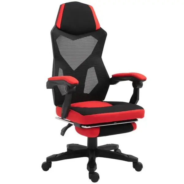 Fauteuil Gaming Inclinable, Pivotant Repose-pied Intégré Tissu Maille Rouge Noir