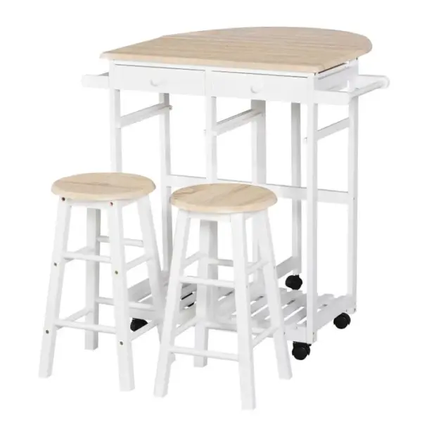 Ensemble Table De Bar Pliable Roulettes + 2 Tabourets Blanc Chêne Clair