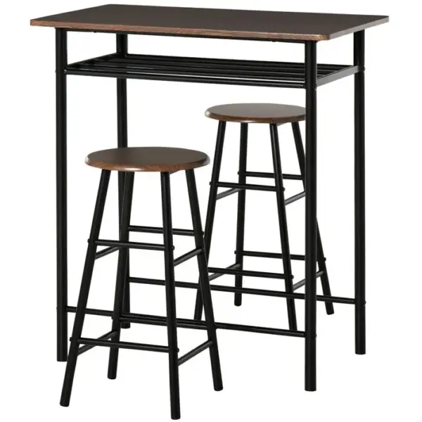 Ensemble Table De Bar Design Industriel + 2 Tabourets Mdf Imitation Bois Noyer Métal Noir