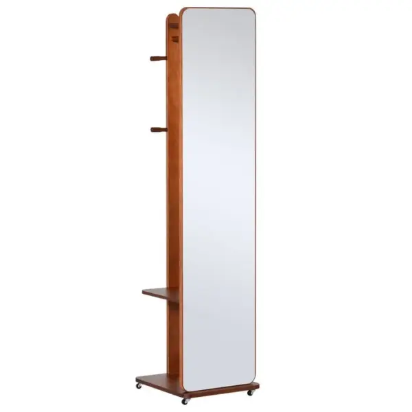 Miroir Sur Pied Avec Roulettes - Portant, 4 Patères Étagère - Aspect Bois