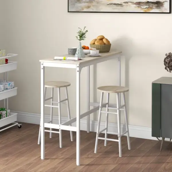 HOMCOM Ensemble table haute et 2 tabourets de bar assortis - Acier Blanc Aspect Bois Blanc