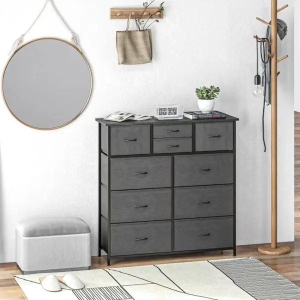 Rangement Commode 10 Tiroirs Plateau Acier Mdf Non Tissé Noir