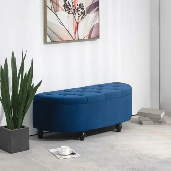 Pouf De Rangement Coffre Classique Capitonné Demi-cercle Velours