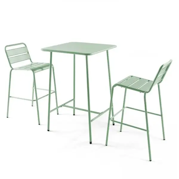 Palavas - Ensemble Table De Bar Et 2 Chaises Hautes En Métal Vert Sauge