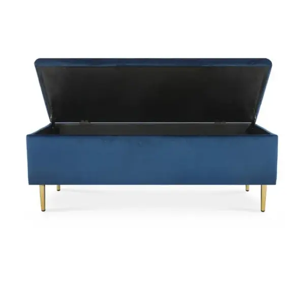 Banquette Coffre Iris Velours Bleu Pieds Or