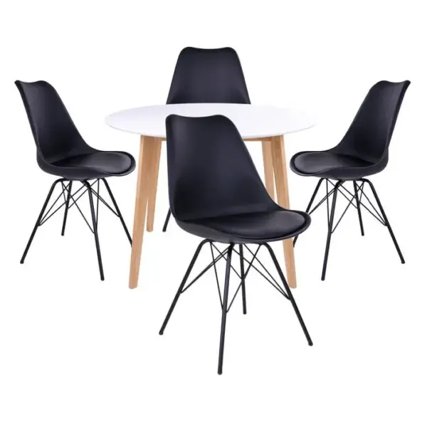 Ensemble Table Ronde Naturelle Et Blanche + 4 Chaises Noires - Gram