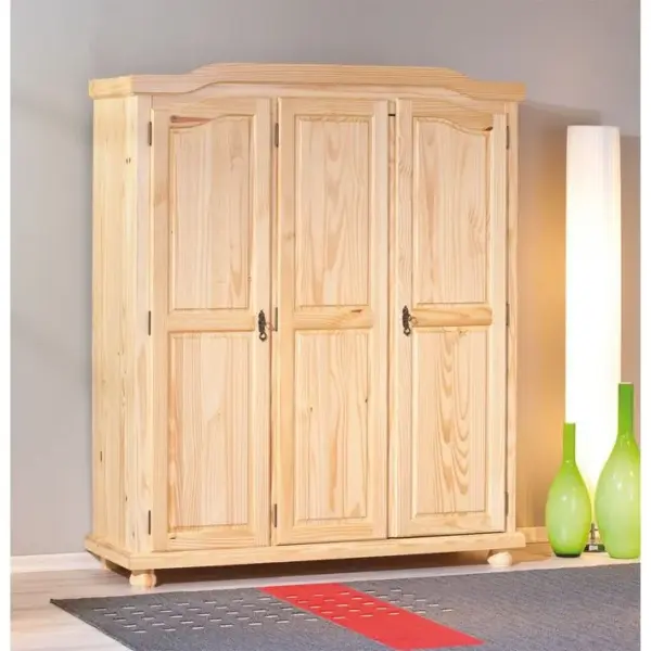 Armoire 3 Portes + Penderie Bois Massif Naturel - Oliver