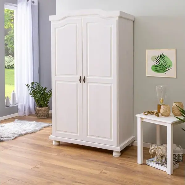 Armoire 2 Portes + Penderie Bois Massif Vernis Blanc - Sydney