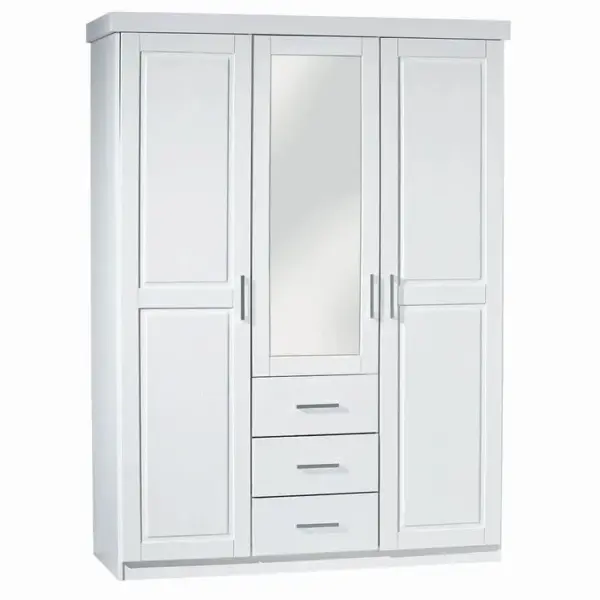 Armoire 3 Portes 1 Miroir Bois Massif Vernis Blanc - Alaska