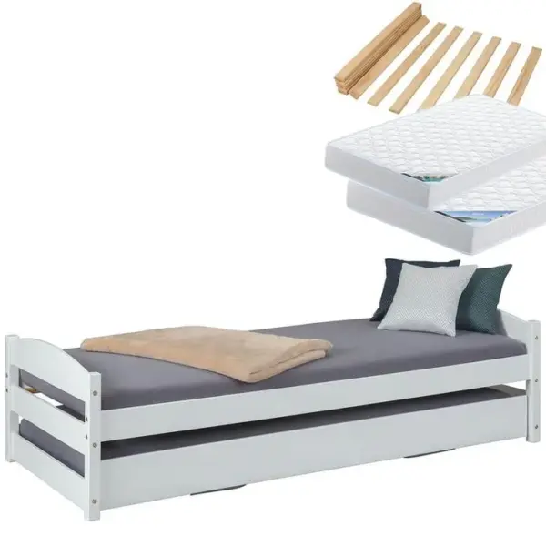 Pack Lit Gigogne 90x200cm Blanc + Matelas Ibiza + Matelas Chypre - Brodi