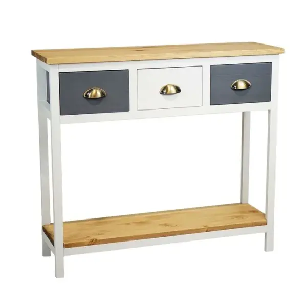 Console 3 Tiroirs En Pin Teinté Gris Et Blanc 2 Plateaux Naturel - Patty