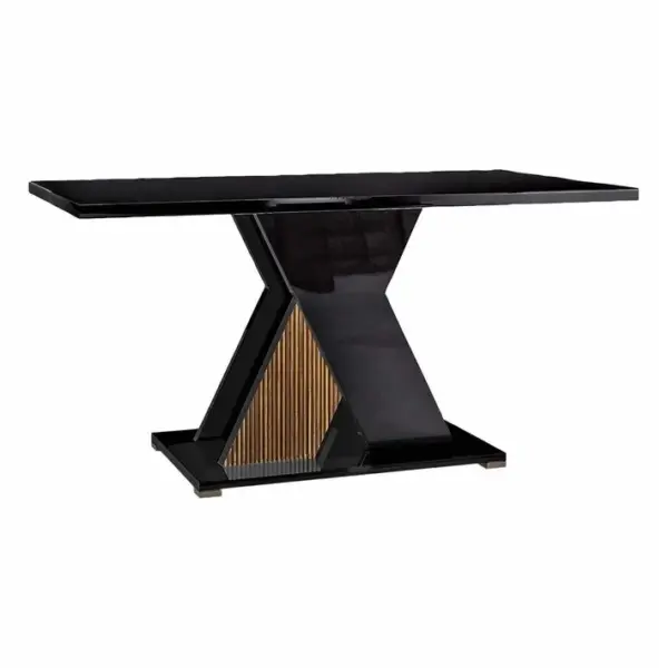 Table 160x90cm Laquée Noir Décor Bois Avec Pied Central En X - Kadala