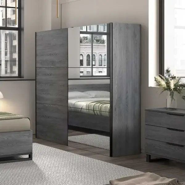 Armoire 2 Portes Coulissante Aspect Bois Gris Et Miroir - Carlin