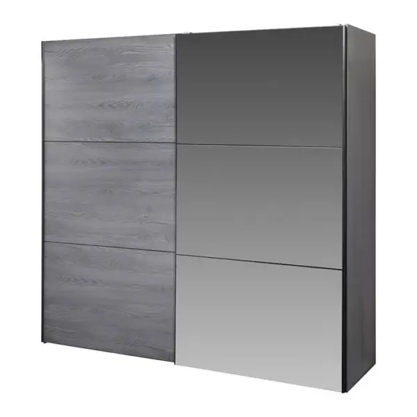 Armoire 2 Portes Coulissante Aspect Bois Gris Et Miroir - Carlin