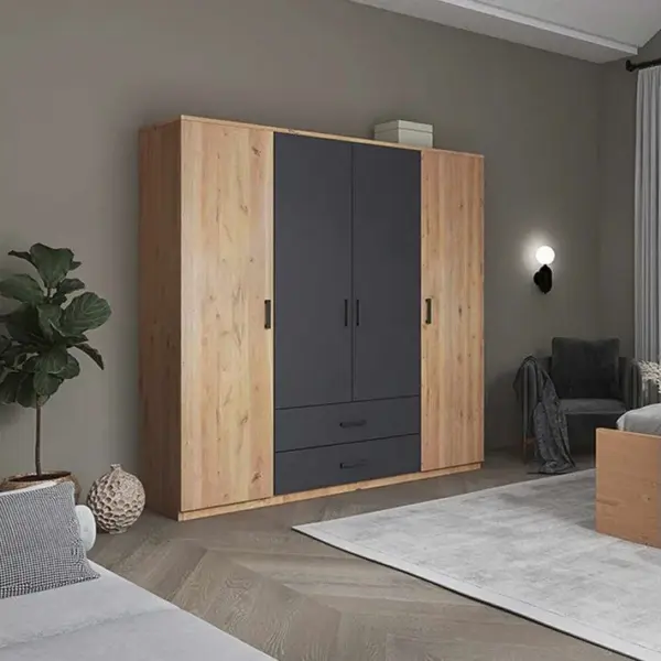 Armoire 4 Portes Effet Chêne Et Anthracite - Fidas