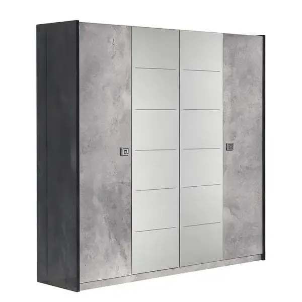 Armoire 4 Portes Avec Miroir Gris Effet Pierre - Hyde