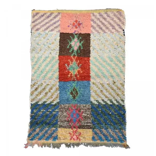 Authentique Tapis Berbère 125x195 Fait Main En Tissu Recyclé Bleu Et Rouge Boucharouette 62