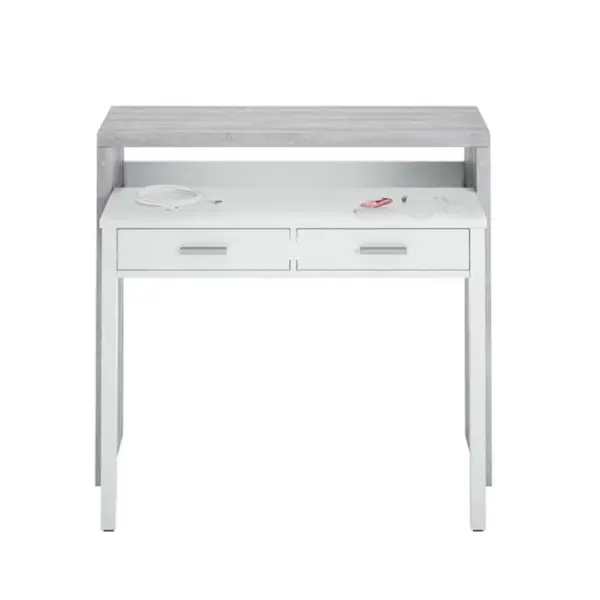 Bureau Avec 1 Étagère / Niche Et 2 Tiroirs Coloris Blanc Artik / Ciment En Mélamine.