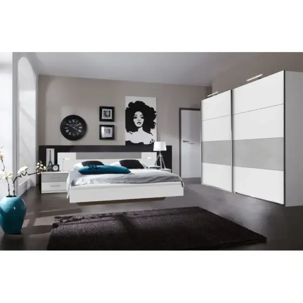 Ensemble Chambre Adulte Lit Futon Avec Éclairage En Blanc, Rechampis Teinte Béton Gris Clair - 160 X 200 Cm