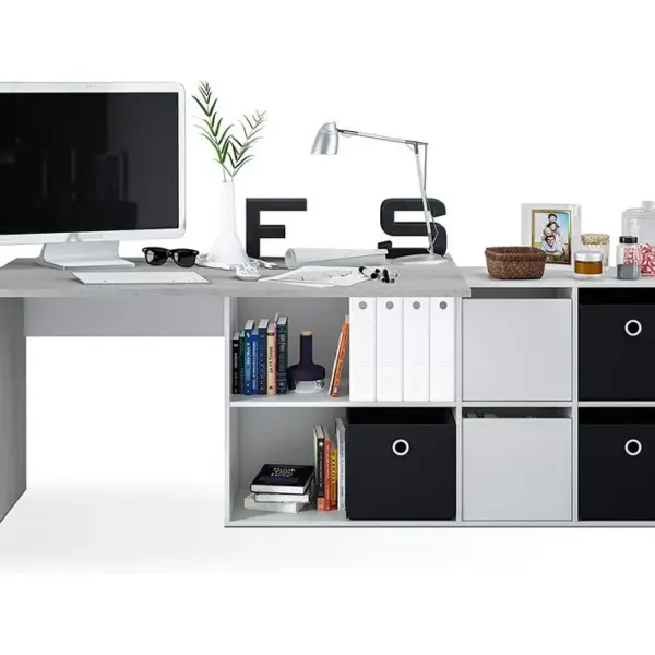 Bureau Avec Caisson Coloris Blanc Artic / Béton- Hauteur 74 X Longueur 136 X 139 Cm