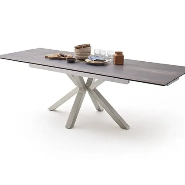 Table À Manger Extensible En Céramique Imi. Bois Barique Et Acier Brossé.