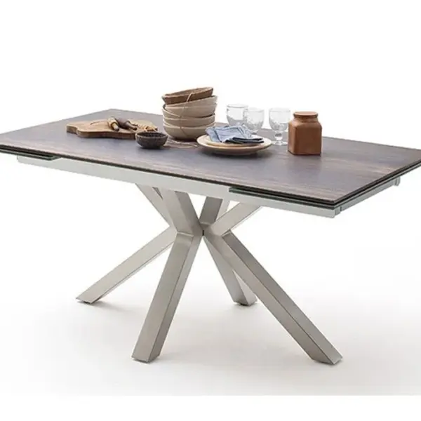 Table À Manger Extensible En Céramique Imi. Bois Barique Et Acier Brossé.