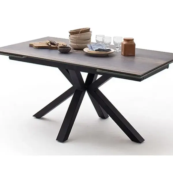 Table À Manger Extensible En Céramique Imi. Bois Barique Et Métal Noir Mat.