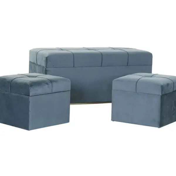 Ensemble De 3 Banquettes Coffres En Mdf , Polyester Coloris Velours Bleu Et Métal Doré.