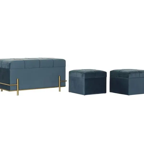 Ensemble De 3 Banquettes Coffres En Mdf , Polyester Coloris Velours Bleu Et Métal Doré.