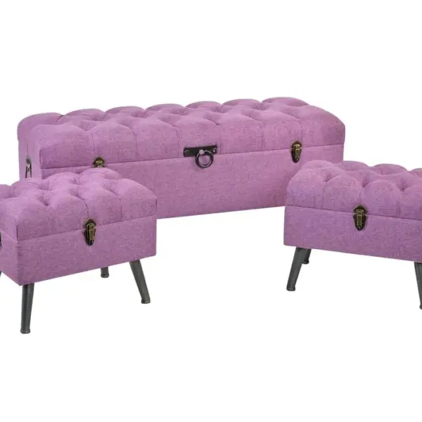 Ensemble De 3 Banquettes Coffres En Métal Doré , Mdf Et Polyester Coloris Fuchsia