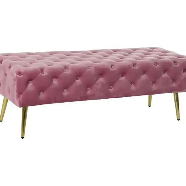 Banquette En Métal Et Velours Coloris Rose Et Pieds Doré - L. 120 X P. 45 X H. 40 Cm