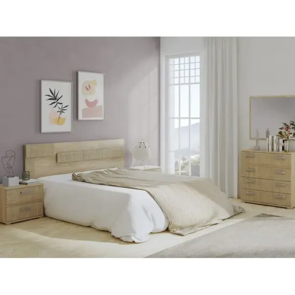 Ensemble Chambre À Coucher, Tête De Lit Avec LED + 2 Tables Chevets + Commode + Miroir