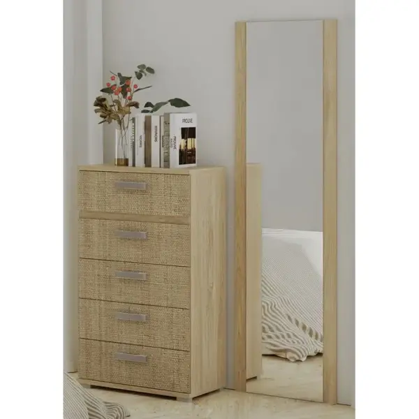 Ensemble Chambre À Coucher, Tête De Lit Avec LED + 2 Tables Chevets + Chiffonnier + Miroir Long